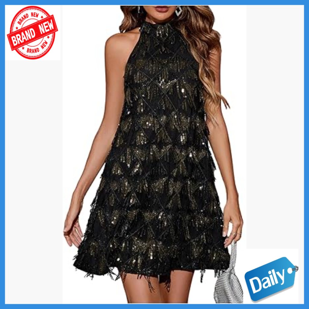 Sequin Halter Mini Dress Sleeveless Keyhole Back Clubwear Party Outfit
